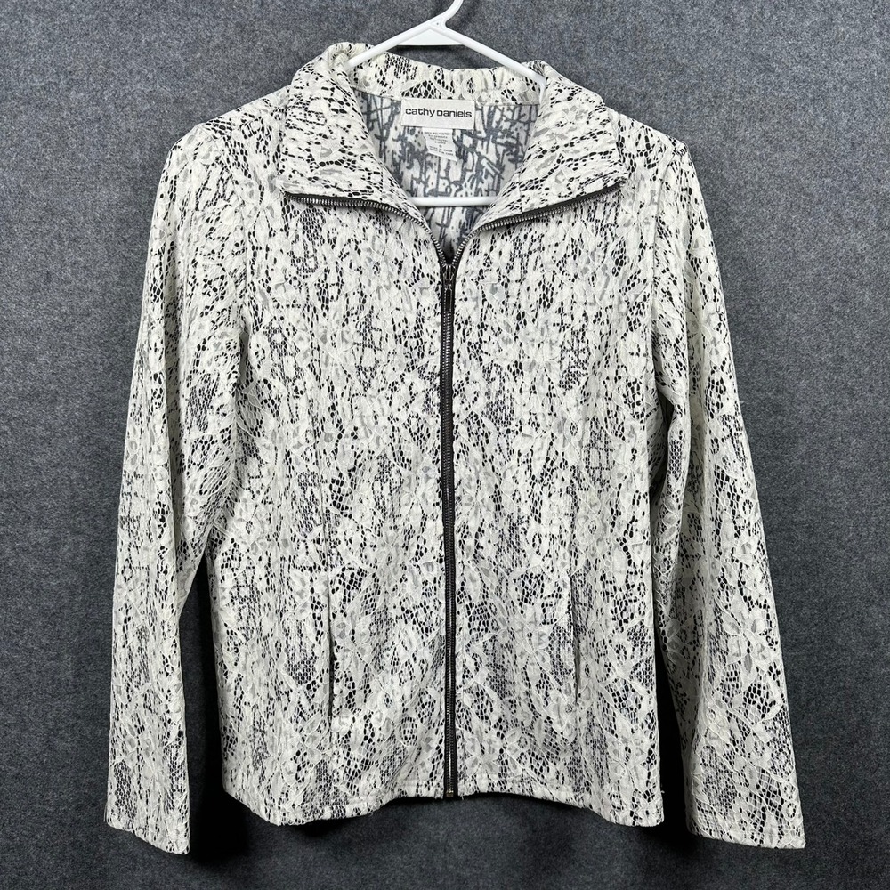 Cathy Daniels Womens White Floral Lace Zip Up Jacket White Small 2155K0